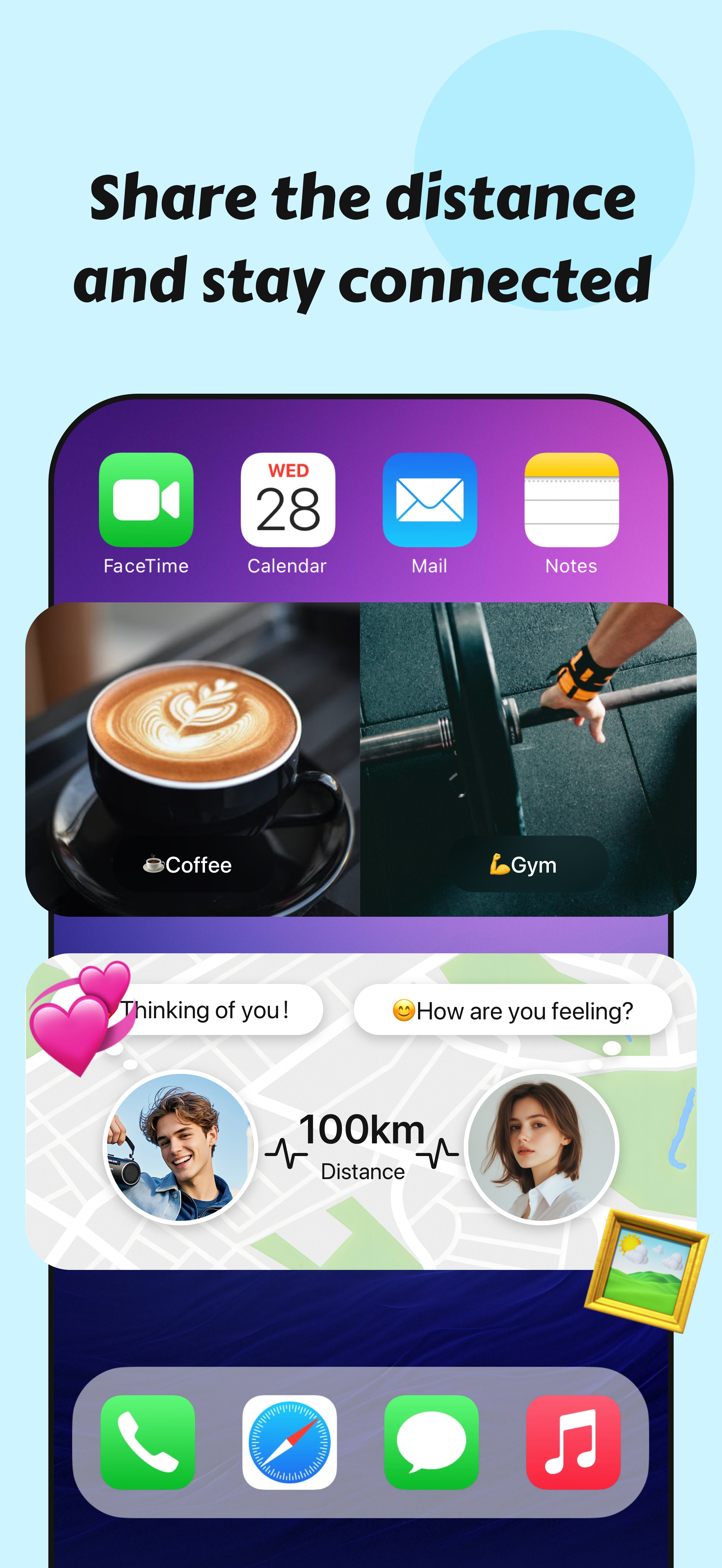 Couple360 app interface showing mood sharing and status updates features